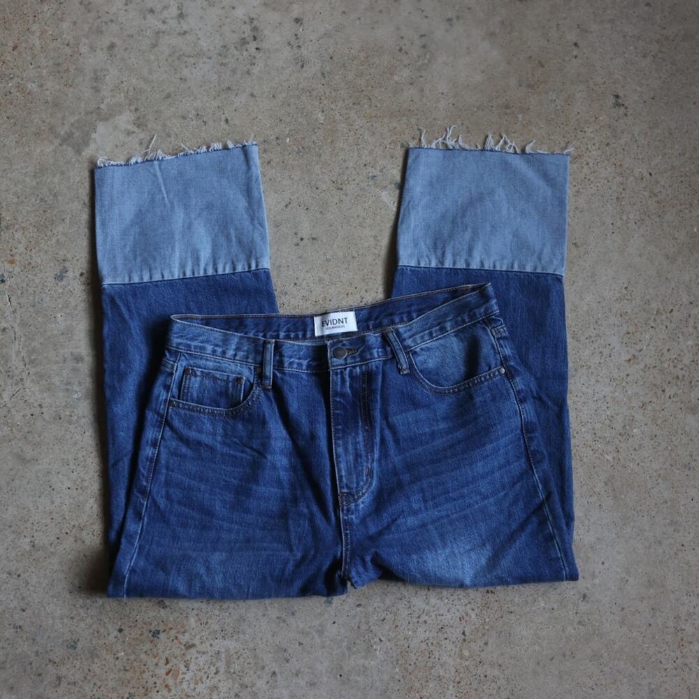 EVIDNT LOS ANGELES Color Block Straight Leg Jeans Women's Size 31 Raw Hem Denim